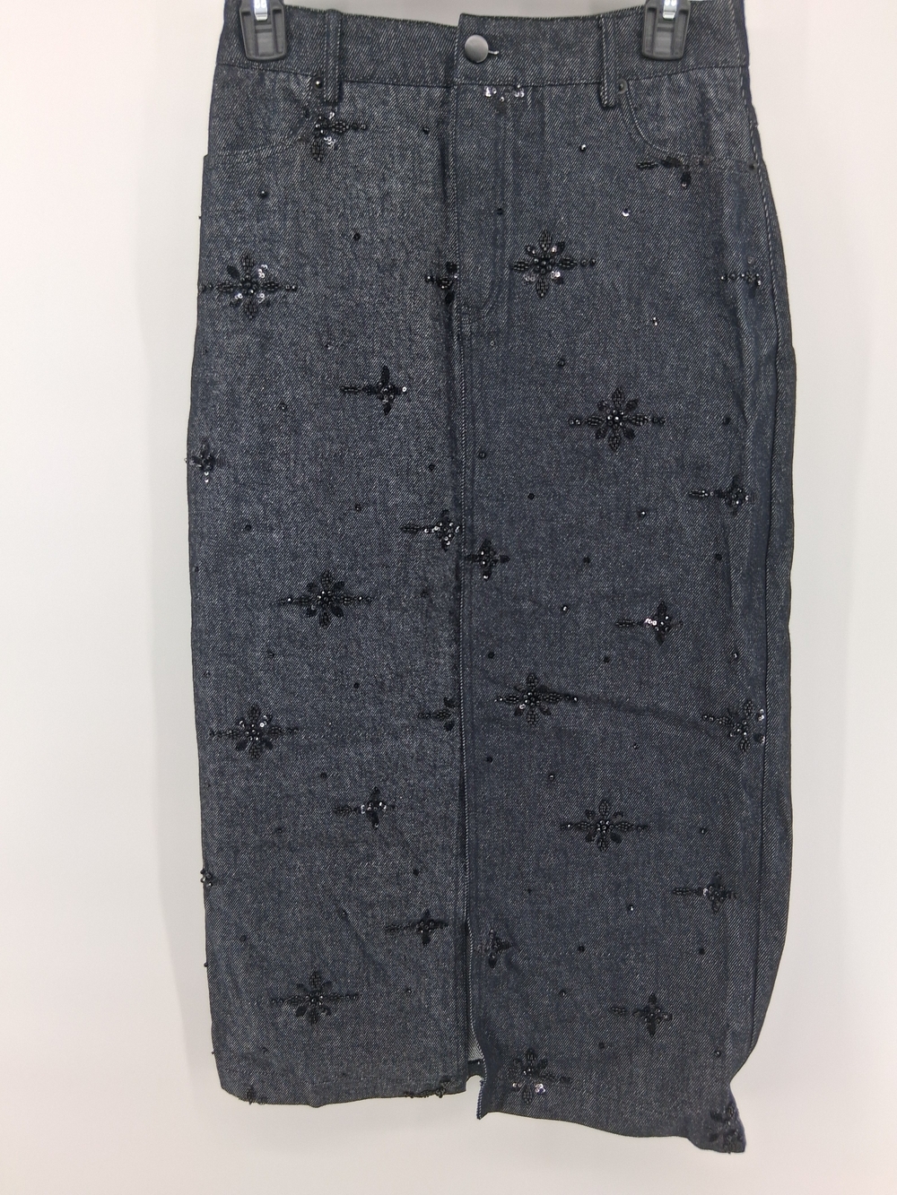 Lucy Paris Charcoal Beaded Denim Pencil Skirt